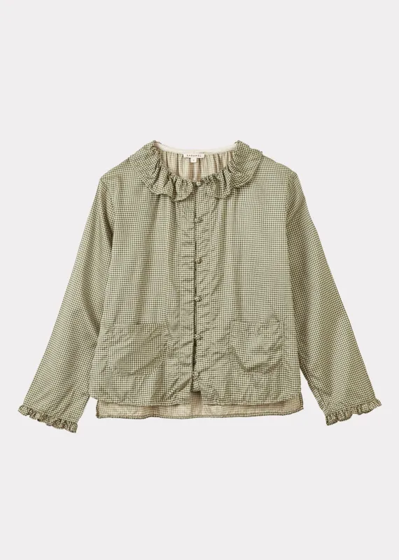 WOMEN'S FRILL COLLAR SHIRT - GREEN GINGHAM MICRO-CHECK sold by Caramel