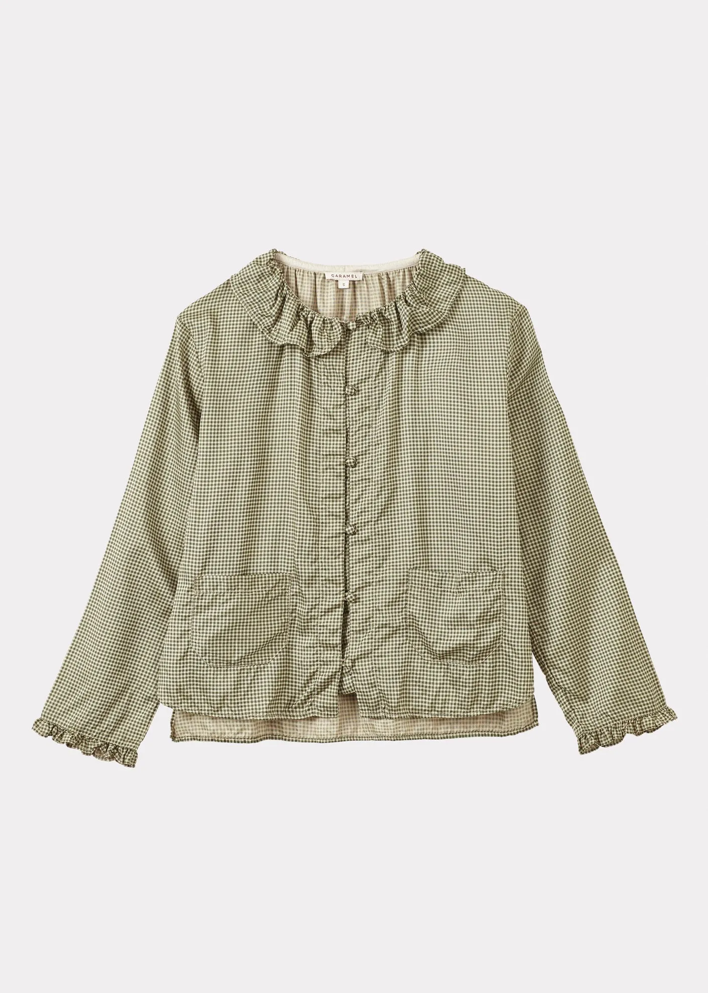 WOMEN'S FRILL COLLAR SHIRT - GREEN GINGHAM MICRO-CHECK sold by Caramel