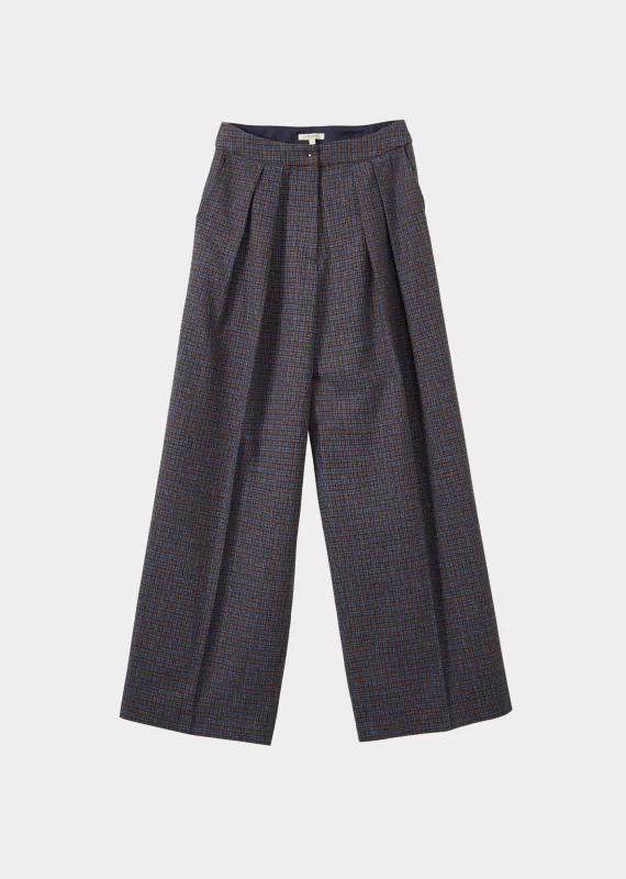 WOMEN'S COTTON PLEAT-DETAIL TROUSERS - BLUE CHECK TWEEDY sold by Caramel