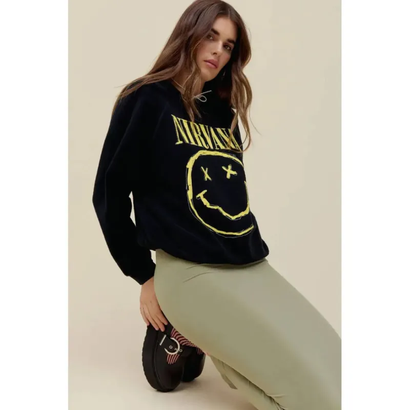 NIRVANA SMILEY REVERSE RAGLAN CREW IN BLACK sold by Carbon