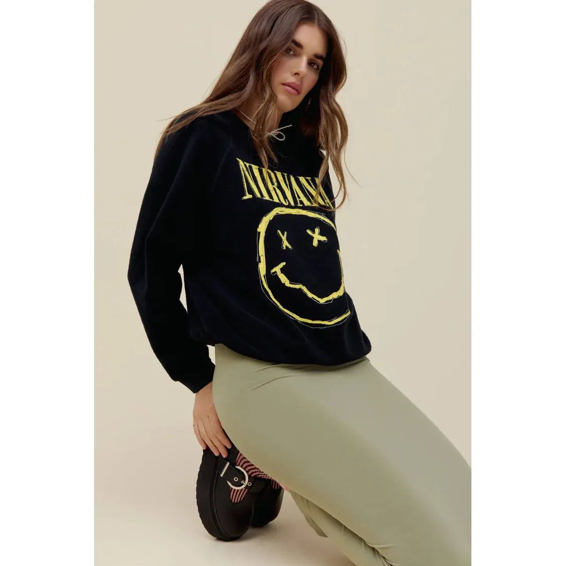 NIRVANA SMILEY REVERSE RAGLAN CREW IN BLACK sold by Carbon