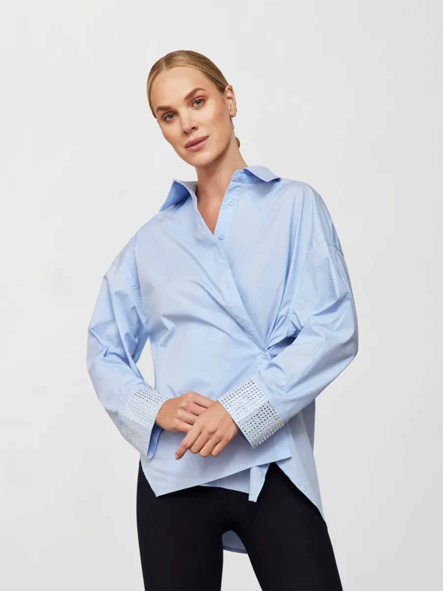 RHINESTONE OVERSIZED BUTTON UP SHIRT - Blue with Silver Rhinestones sold by Carbon38
