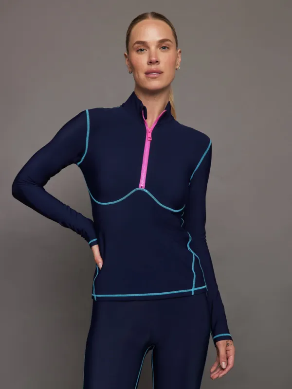 Fleece Back Half Zip Top - Navy / Blue Atoll sold by Carbon38