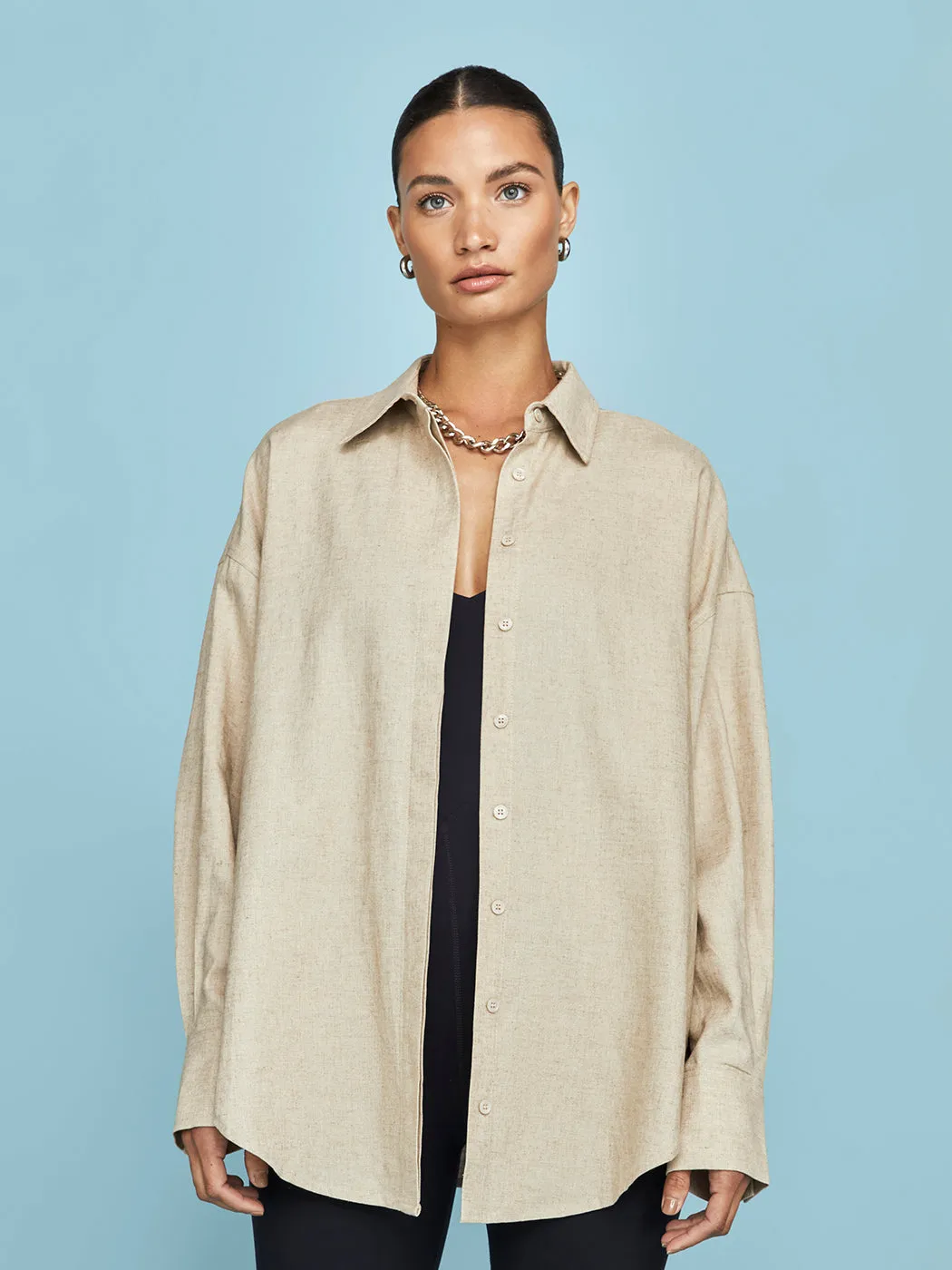 Linen Oversized Button Up Shirt - Tan sold by Carbon38 product image thumbnail 3