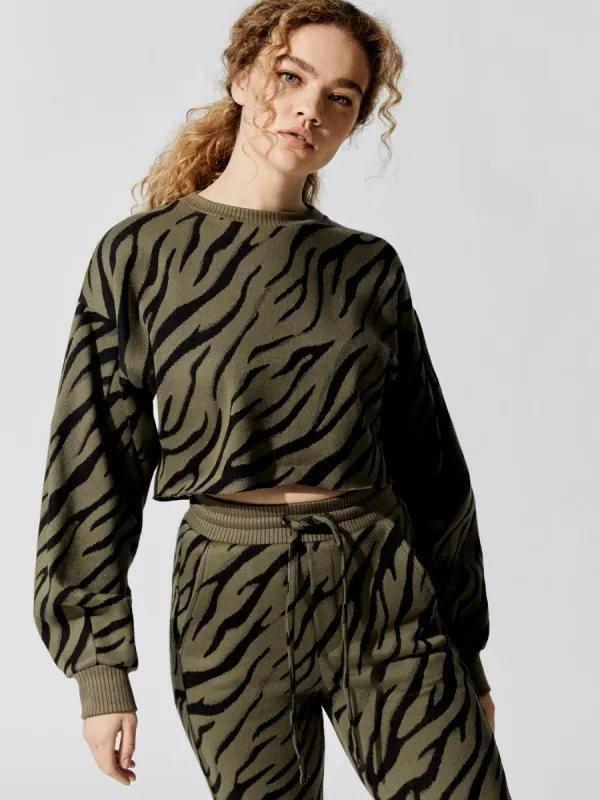 Bali Tiger Hyper Reality Knit Balloon Sleeve Crop Top - Army sold by Carbon38