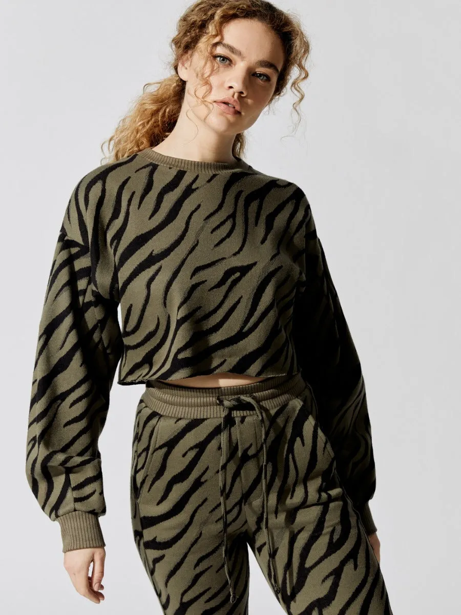 Bali Tiger Hyper Reality Knit Balloon Sleeve Crop Top - Army sold by Carbon38