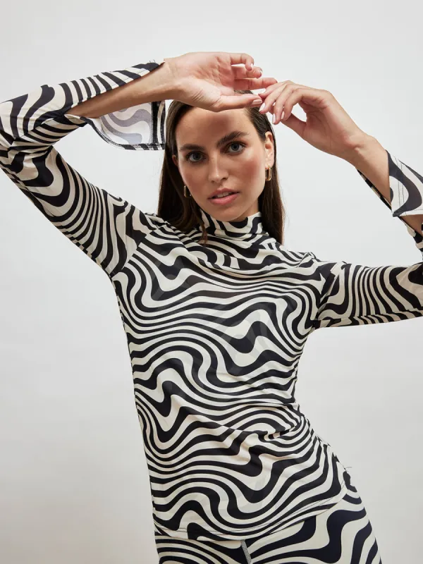 Black and White Wave Mesh Mock Neck Split Neck Longsleeve - Black And White Wave Mesh sold by Carbon38