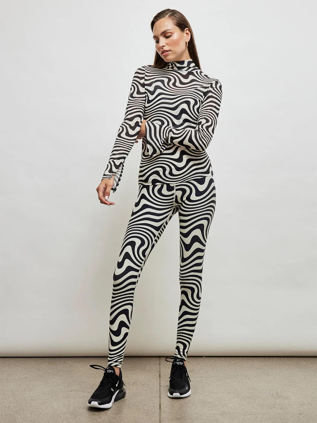 Black and White Wave Mesh Mock Neck Split Neck Longsleeve - Black And White Wave Mesh sold by Carbon38 product image thumbnail 2