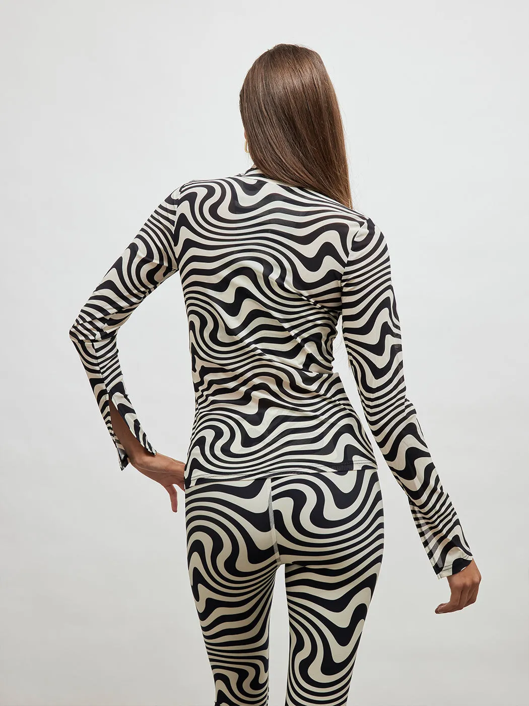Black and White Wave Mesh Mock Neck Split Neck Longsleeve - Black And White Wave Mesh sold by Carbon38 product image thumbnail 4