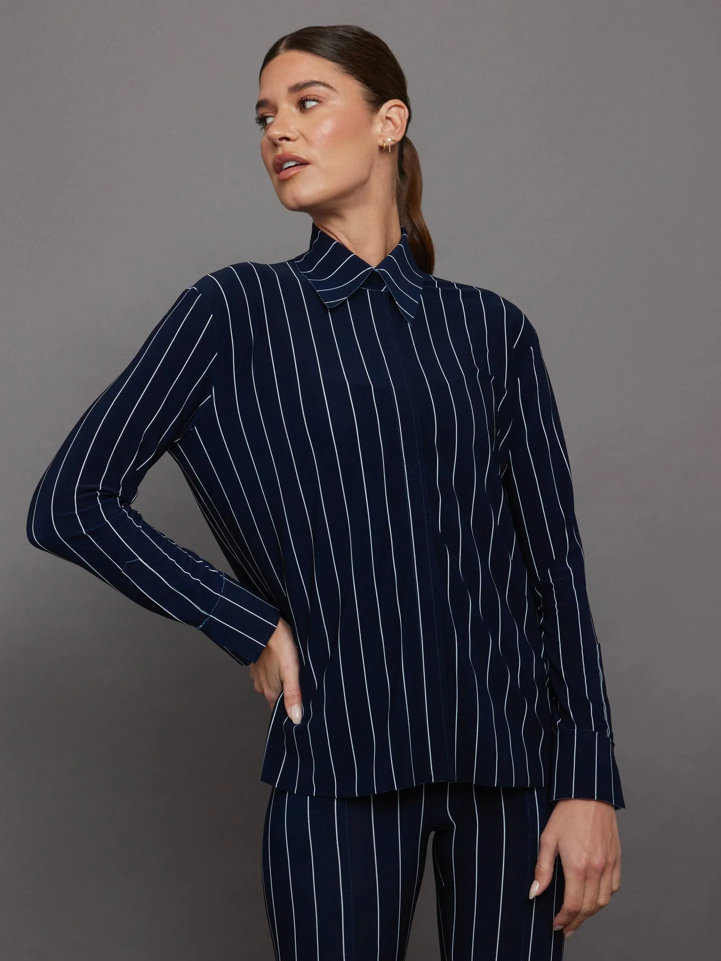 NK Shirt W/ Collar Stand - True Navy Pinstripe sold by Carbon38