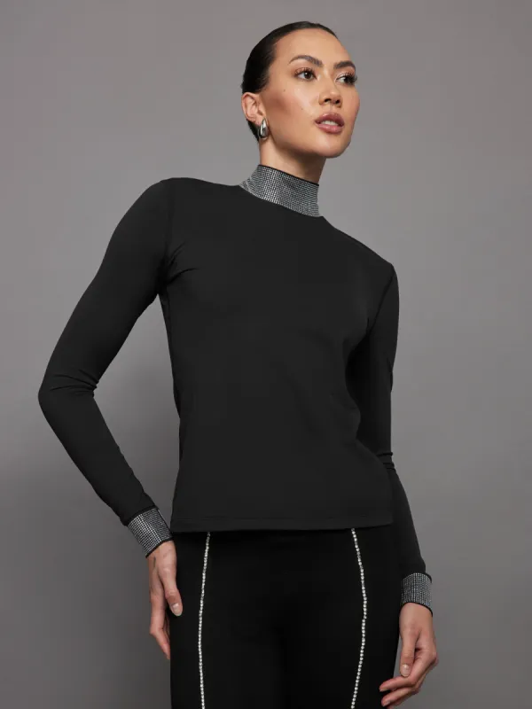 Long Sleeve Mock Neck Rhinestone Top - Black sold by Carbon38