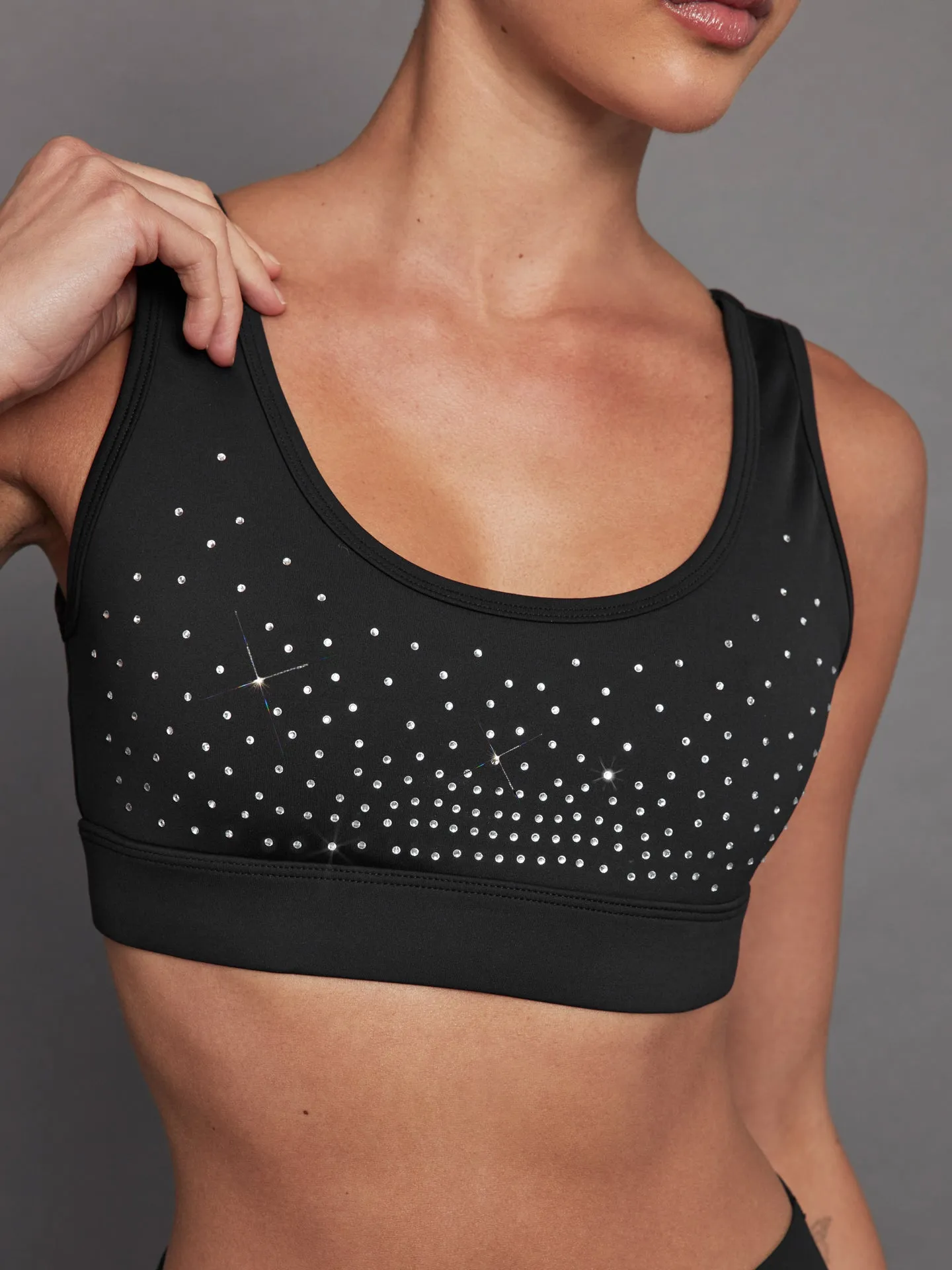 Rhinestones Cut Out Scoop Bra in Diamond Compression - Black sold by Carbon38