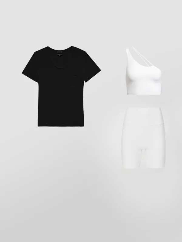 POCKET TEE + MELT CONVERTIBLE BRA + BIKER SHORT BUNDLE sold by Carbon38