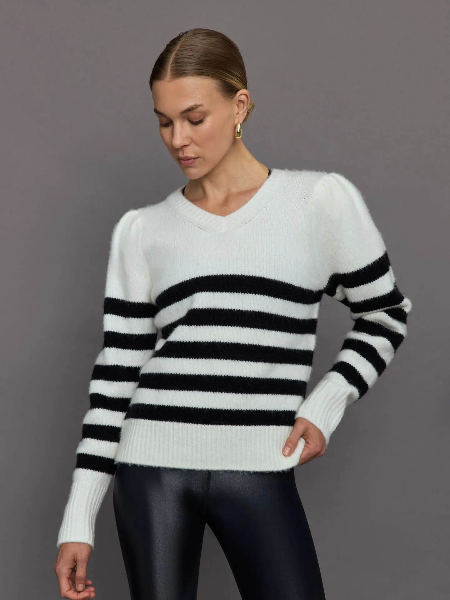 Striped Puff Sleeve Sweater - Cream/ Black sold by Carbon38