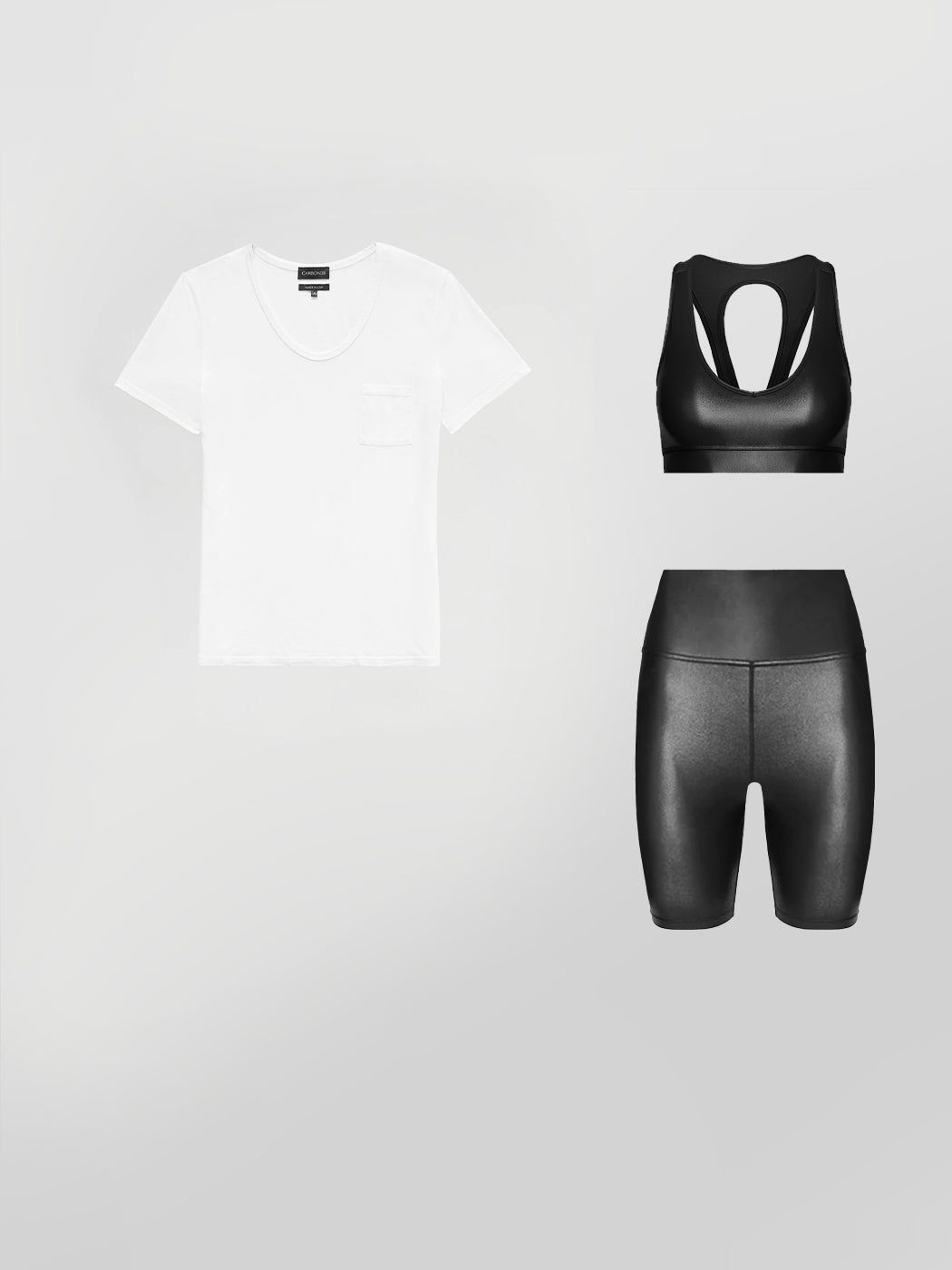 POCKET TEE + ACTION BRA 2.0 + HIGH RISE BIKER SHORT IN TAKARA SHINE BUNDLE sold by Carbon38