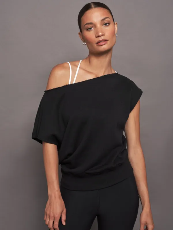 Short Sleeve Off Shoulder Sweatshirt in French Terry - Black sold by Carbon38
