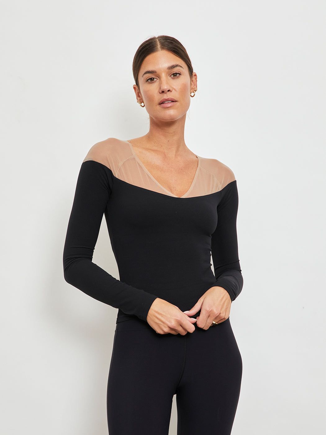 MESH L/S V-NECK TOP - BLACK sold by Carbon38