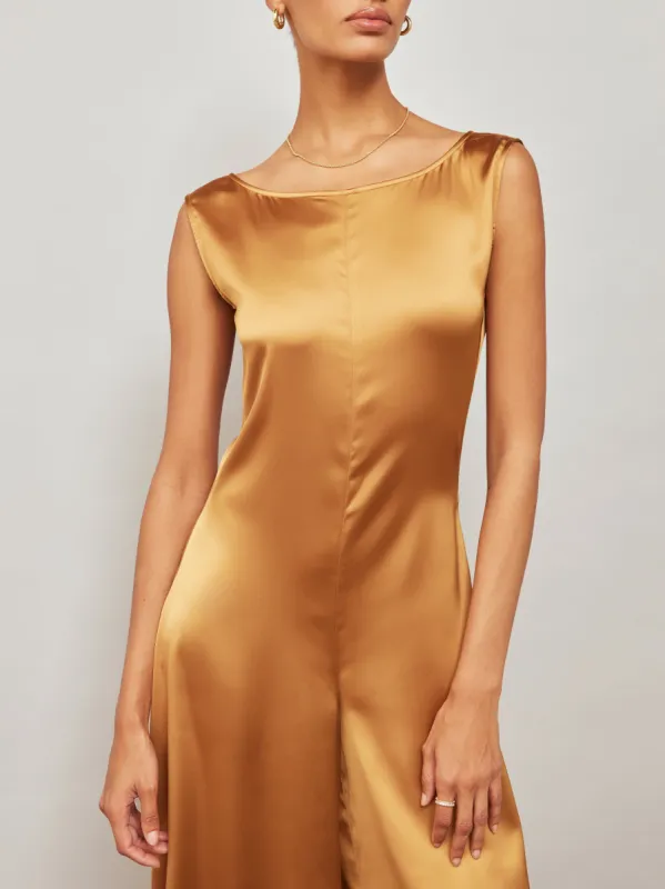 WIDE LEG SATIN JUMPSUIT - RUST sold by Carbon38