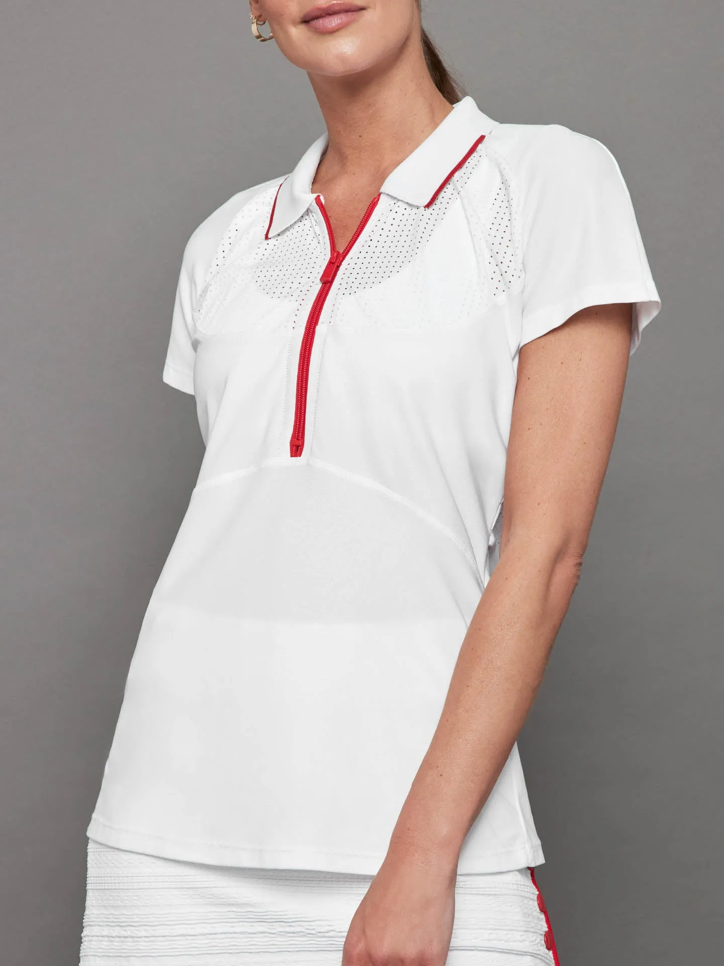 Mesh Zip Performance Polo - White with Red Trim sold by Carbon38 product image thumbnail 3