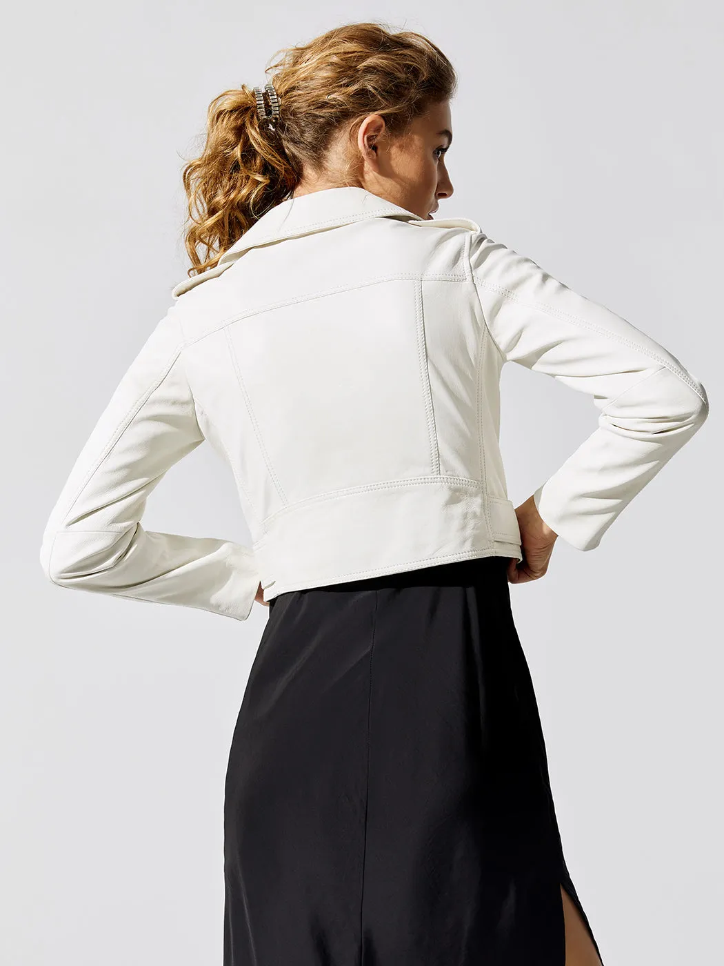 Mya Cropped Biker - White With Silver Trim sold by Carbon38