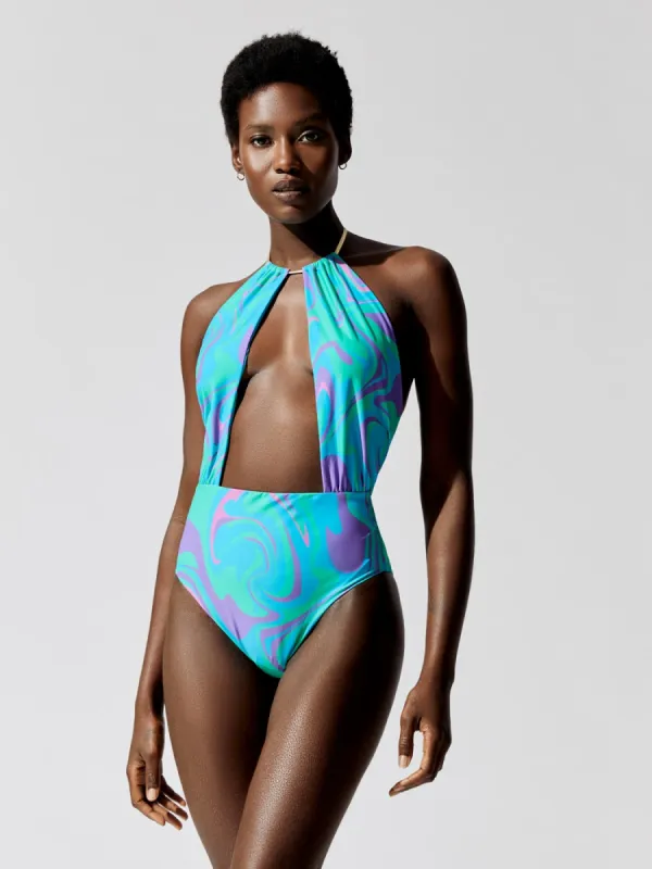 Snake Chain Necklace One Piece Swimsuit - Paradise Marble Ocean Blue Multi sold by Carbon38