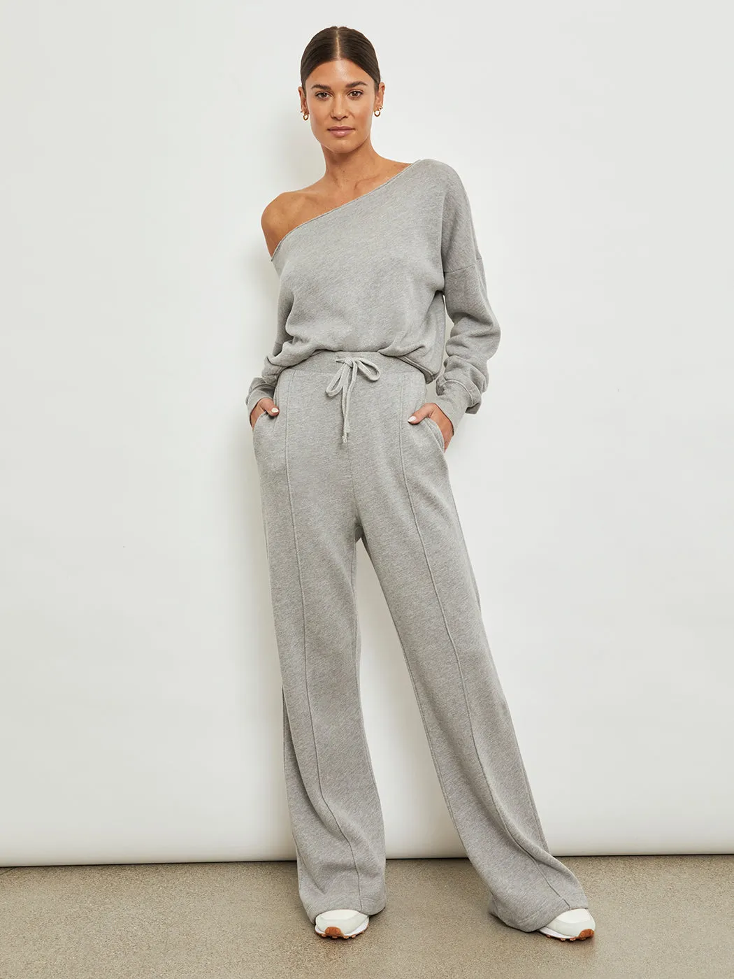 Wide Leg Pintuck Sweatpant in French Terry - Heather Grey sold by Carbon38