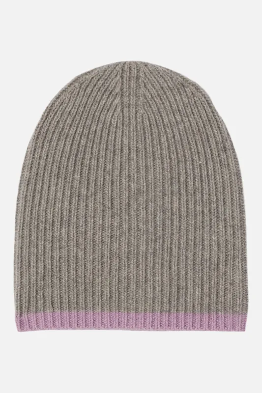 Cashmere Long Ribbed Beanie with Contrast Trim - Light Heather Grey W Lavender sold by Carbon38