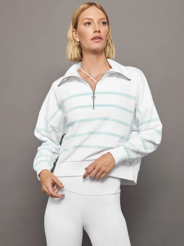 Breton Stripe French Terry 1/2 Zip - White/ Quiet Tide sold by Carbon38