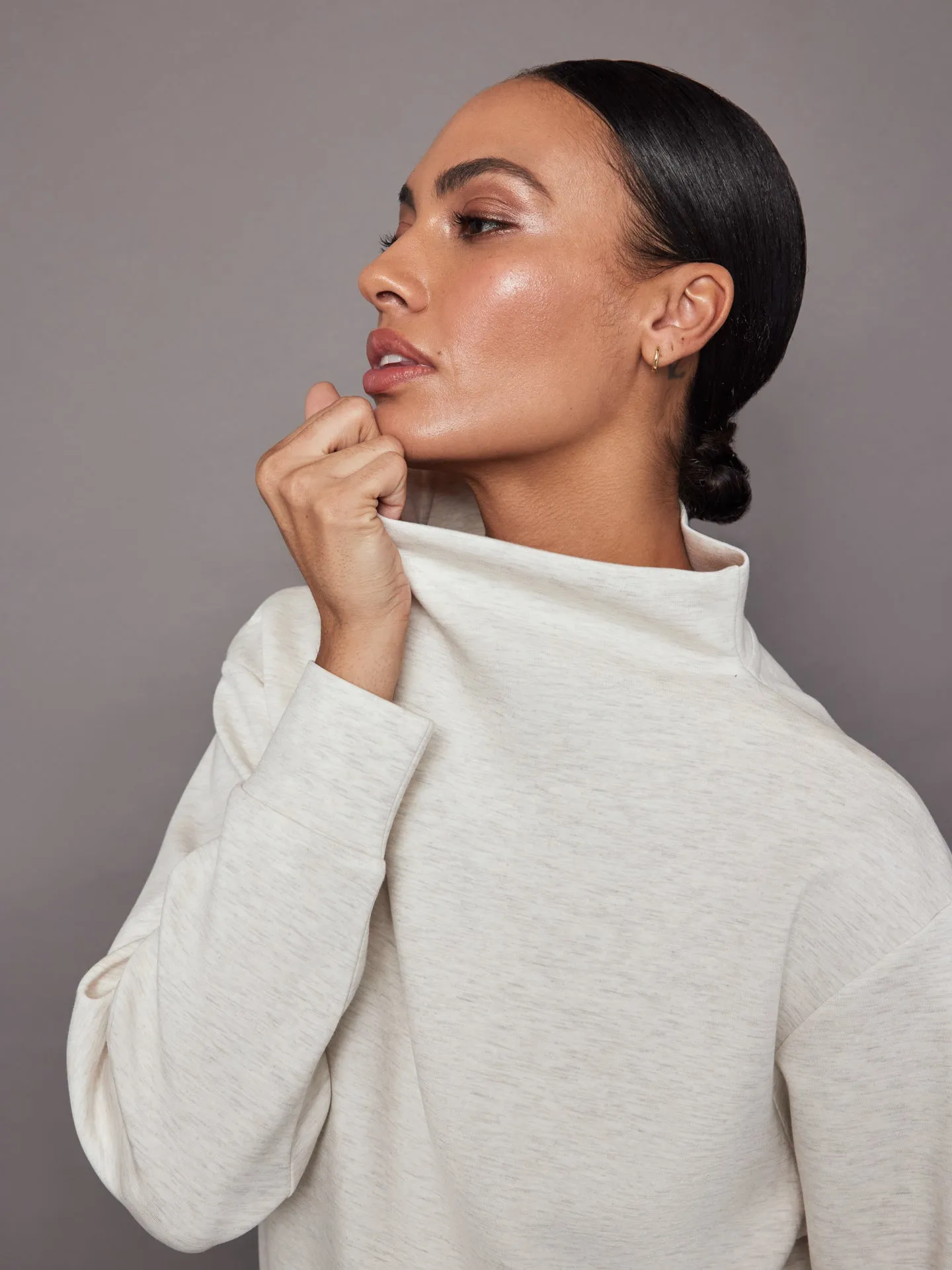 Cowl Neck Knit Sweatshirt in Interlock - Moonbeam Heather sold by Carbon38 product image thumbnail 2