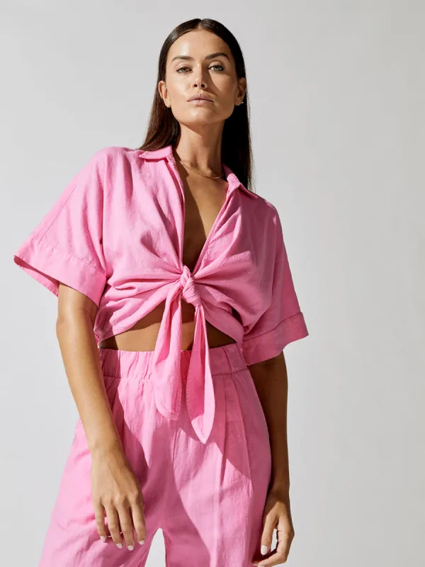 Linen Blend Front Tie Shirt - Cotton Candy sold by Carbon38