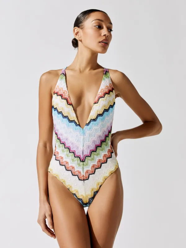 Deep V One Piece Swimsuit - Bright Multicolor sold by Carbon38