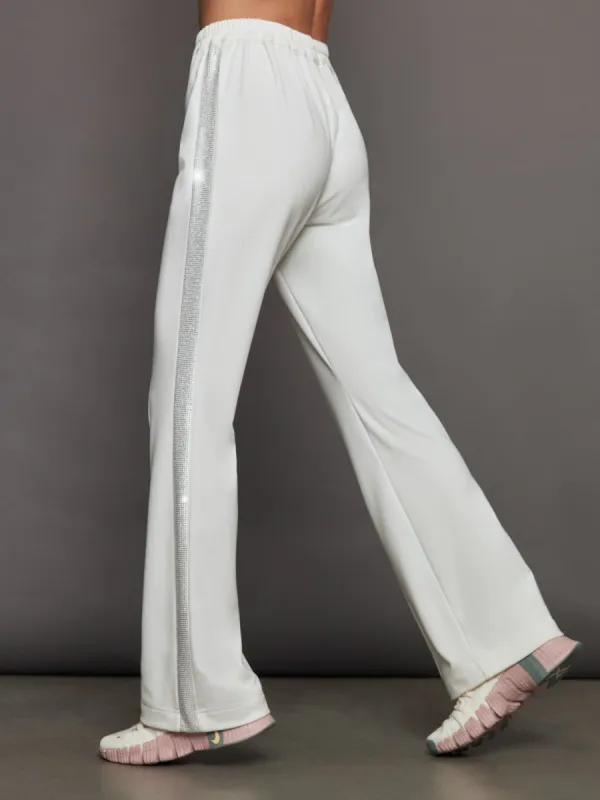Rhinestone Fleece Flare Pant - White w/ Silver Rhinestones sold by Carbon38