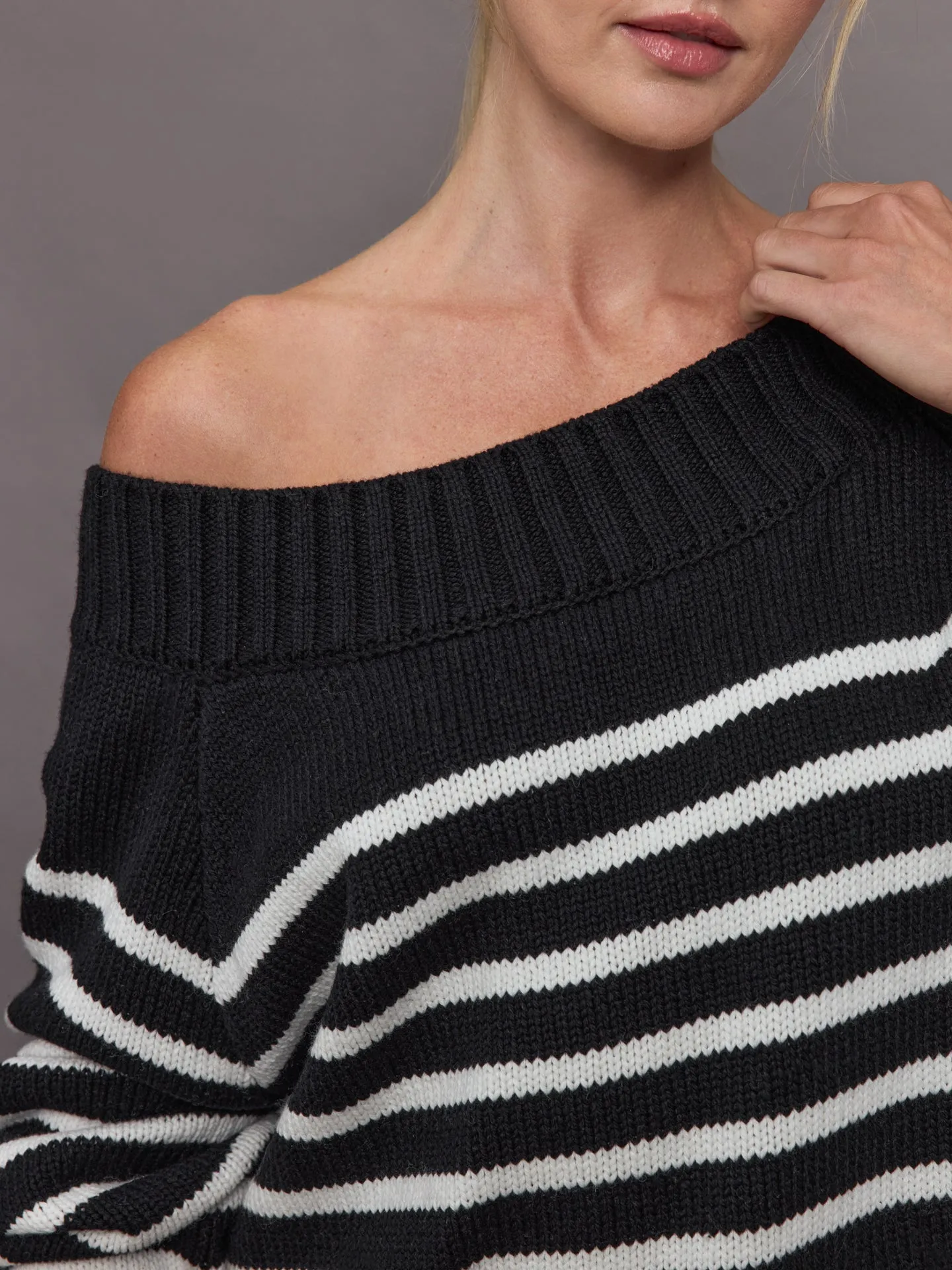 Slouchy Off Shoulder Sweater - Black / White Stripe sold by Carbon38 product image thumbnail 5