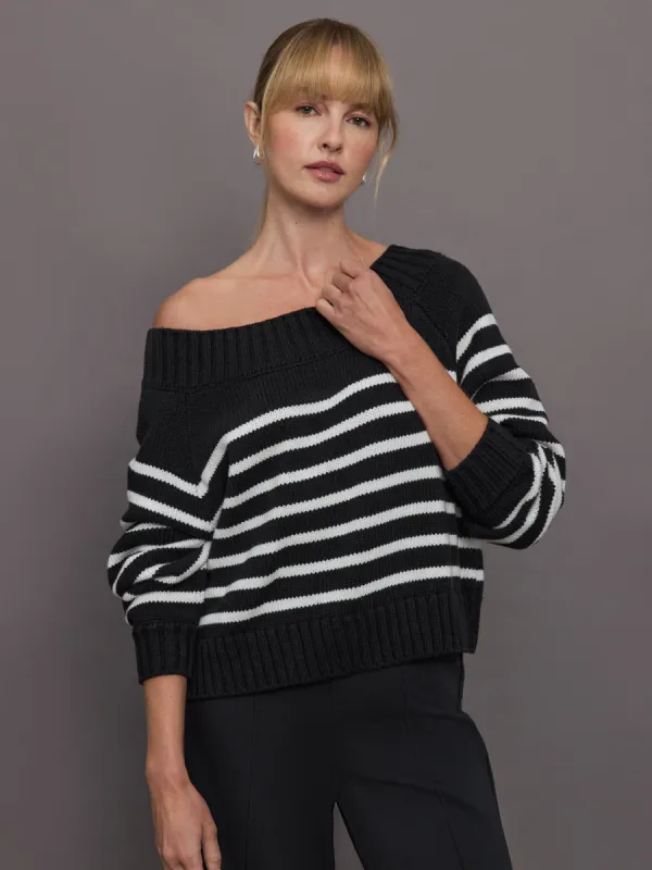 Slouchy Off Shoulder Sweater - Black / White Stripe sold by Carbon38