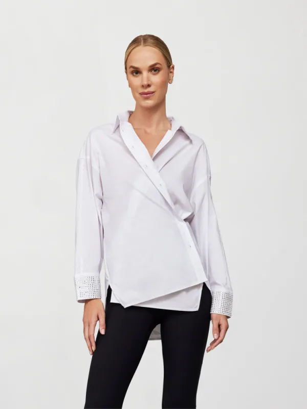 RHINESTONE OVERSIZED BUTTON UP SHIRT - White w/ Silver Rhinestones sold by Carbon38