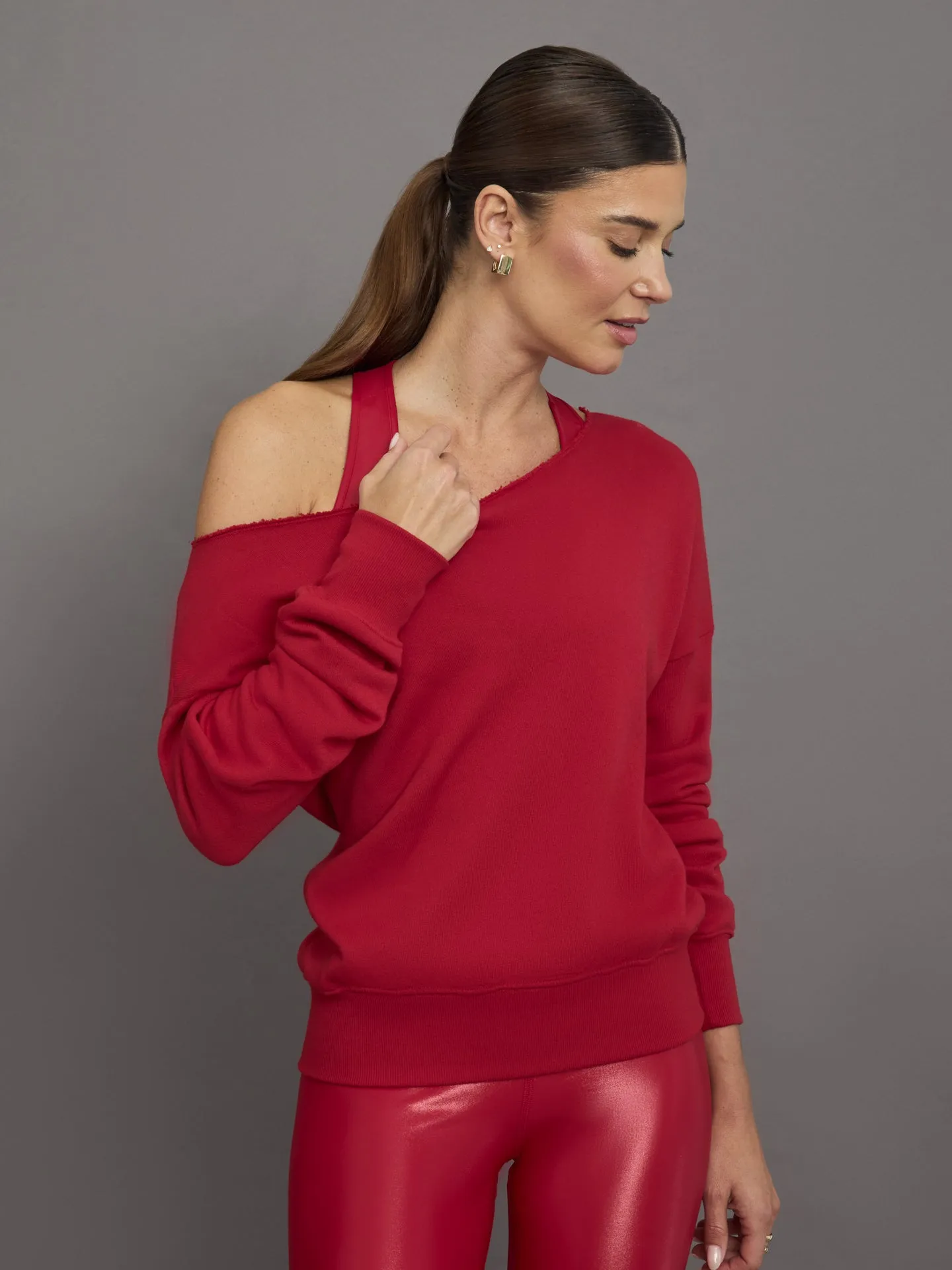Off Shoulder Sweatshirt in French Terry - Crimson Red sold by Carbon38