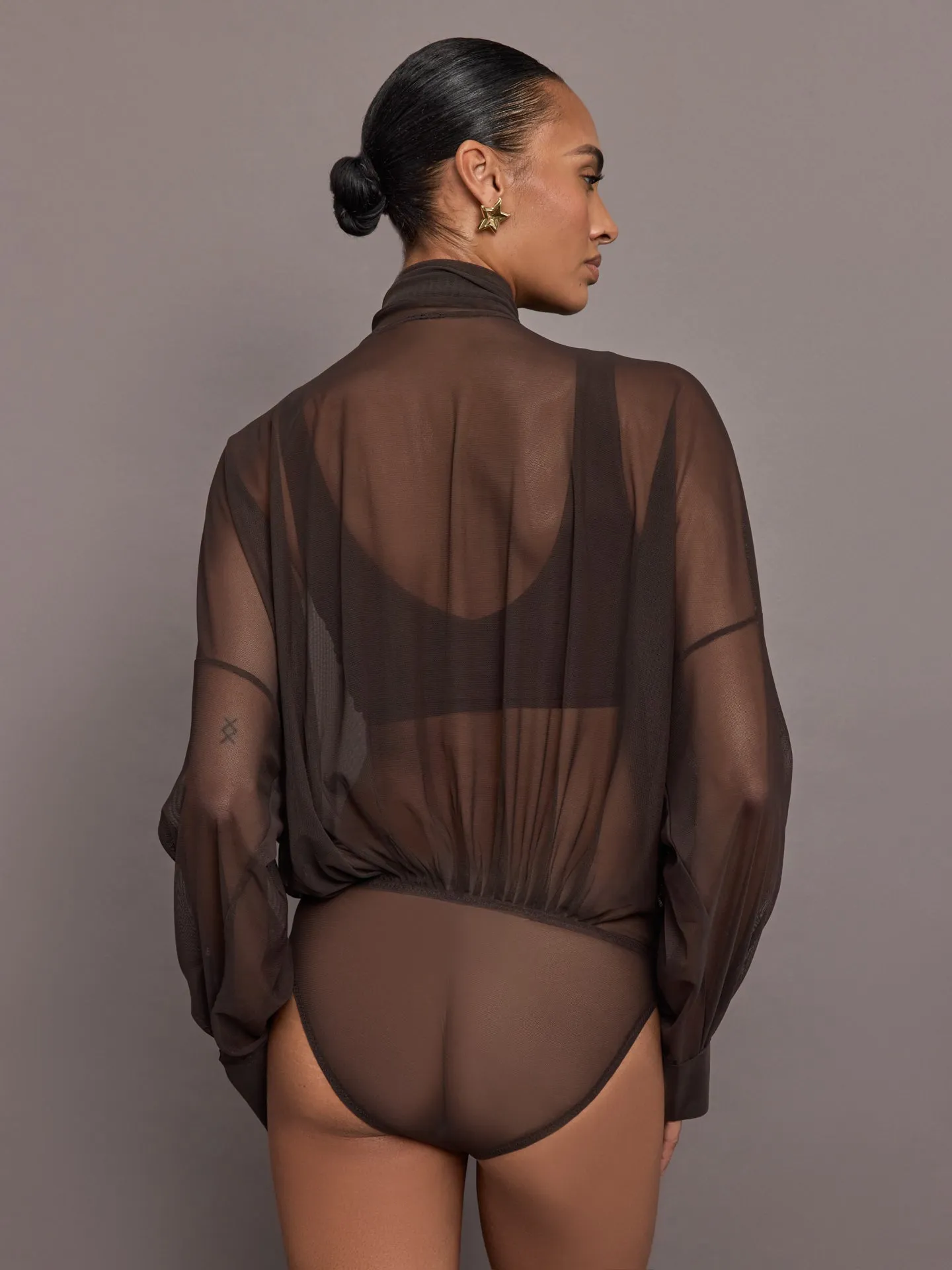 Super Oversized BF NK Shirt Bodysuit W/ Bow - Espresso sold by Carbon38 product image thumbnail 3