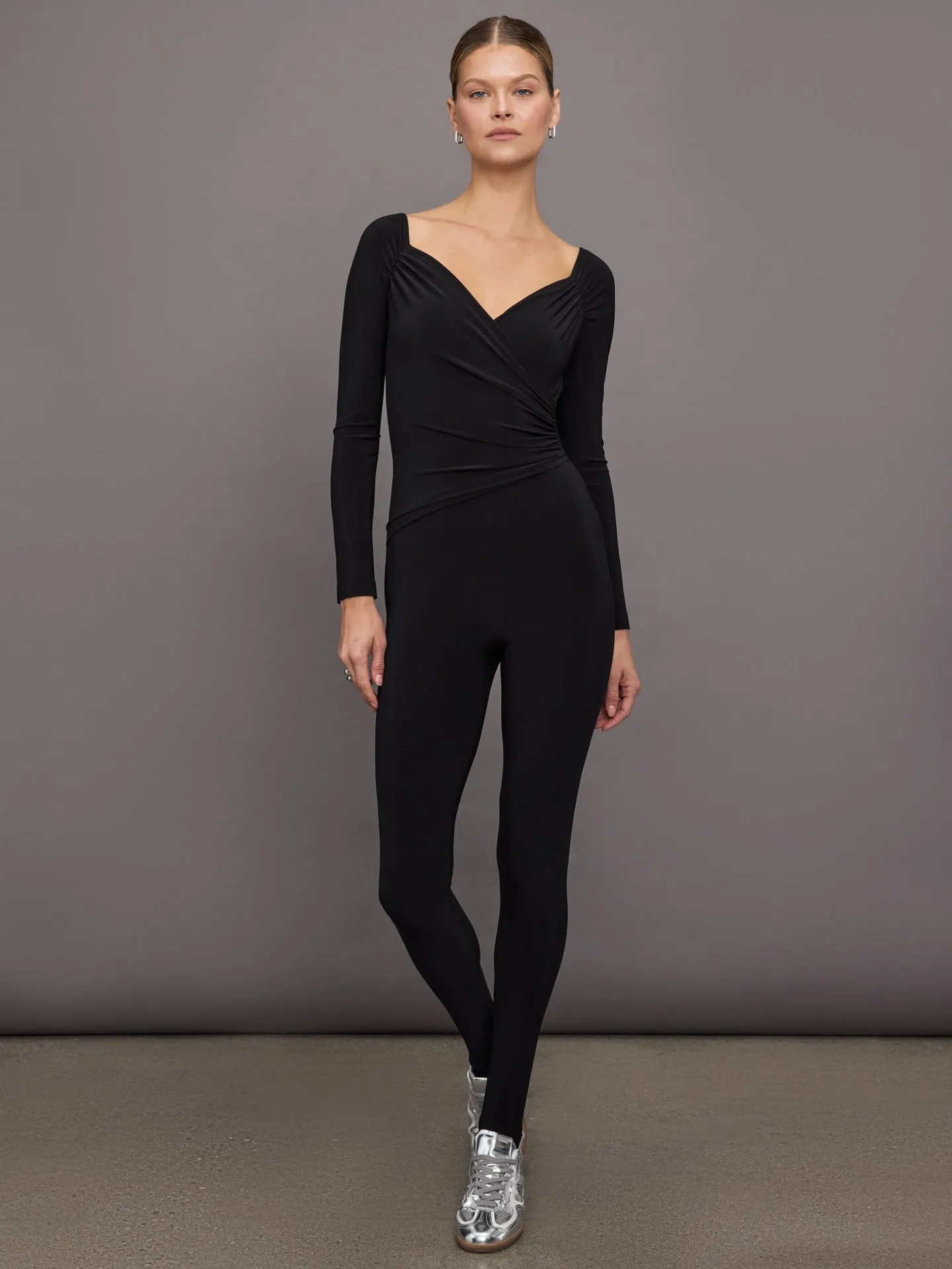 Off Shoulder Sweetheart Catsuit W/ Footie - Black sold by Carbon38