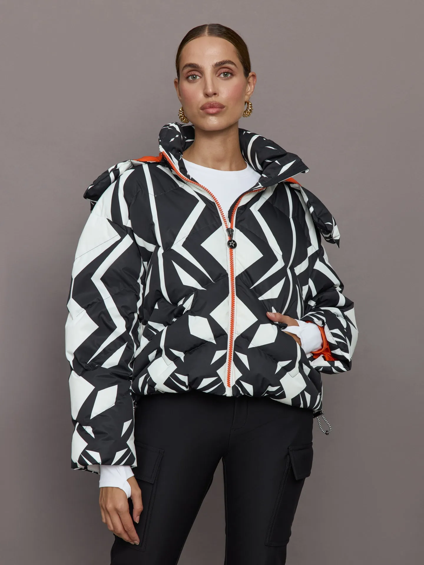 Mountain Puffer Ski Jacket - Geo Print Black/Snow White sold by Carbon38
