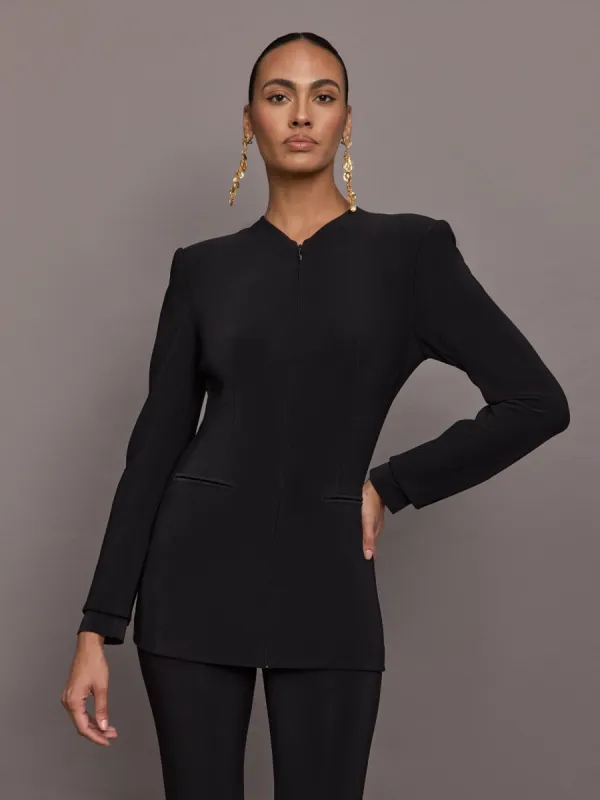 Long Sleeve Shoulder Pad V Neck Zip Front Jacket - Black sold by Carbon38