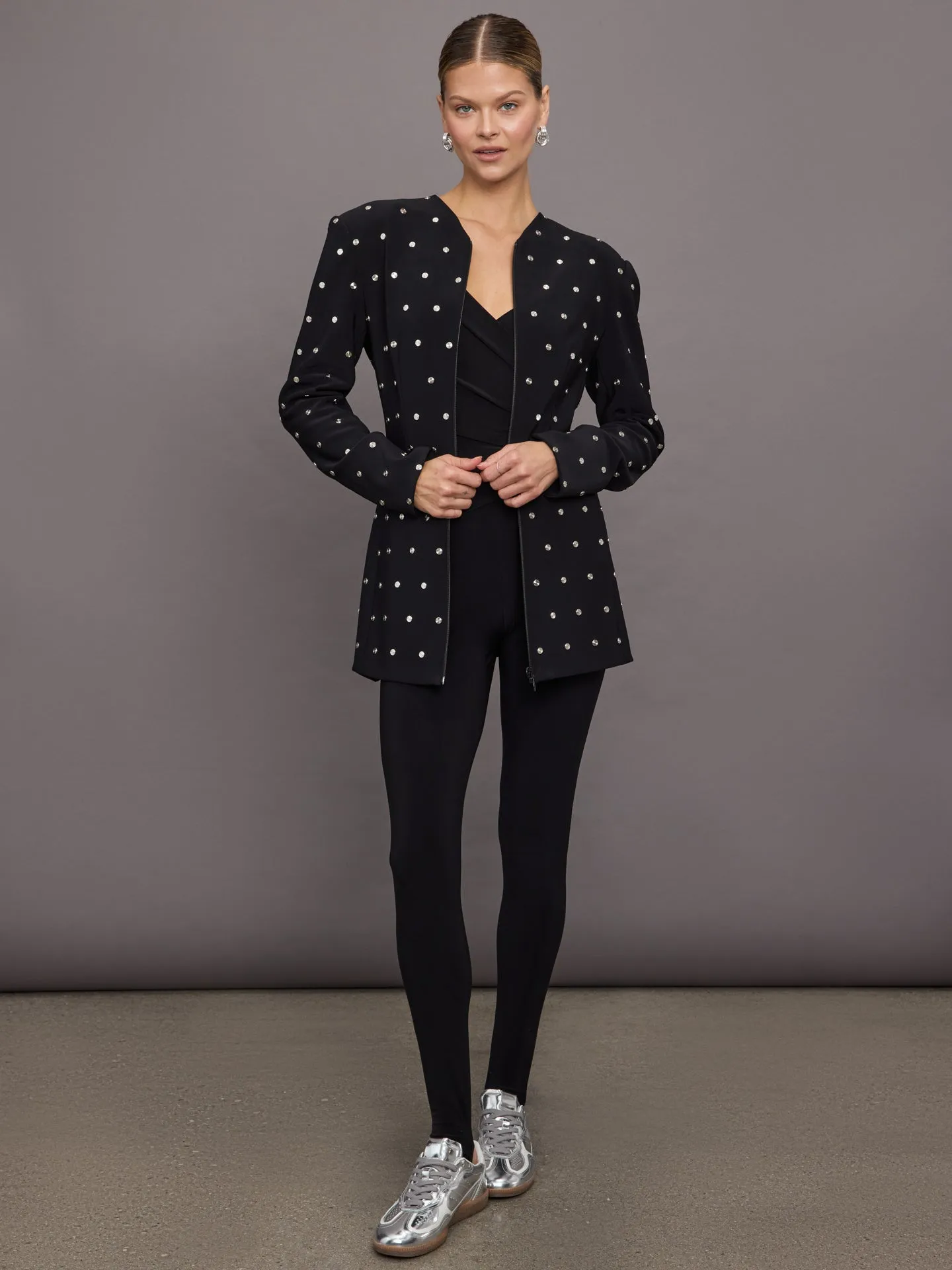 LS Shoulder Pad V Neck Zip Front Jacket - Black All Over Studs sold by Carbon38 product image thumbnail 5