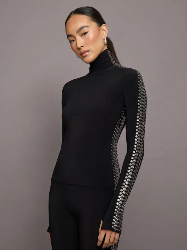 Gunmetal Stud Slim Fit Long Sleeve Turtle Top Short - Black with Side Studs sold by Carbon38