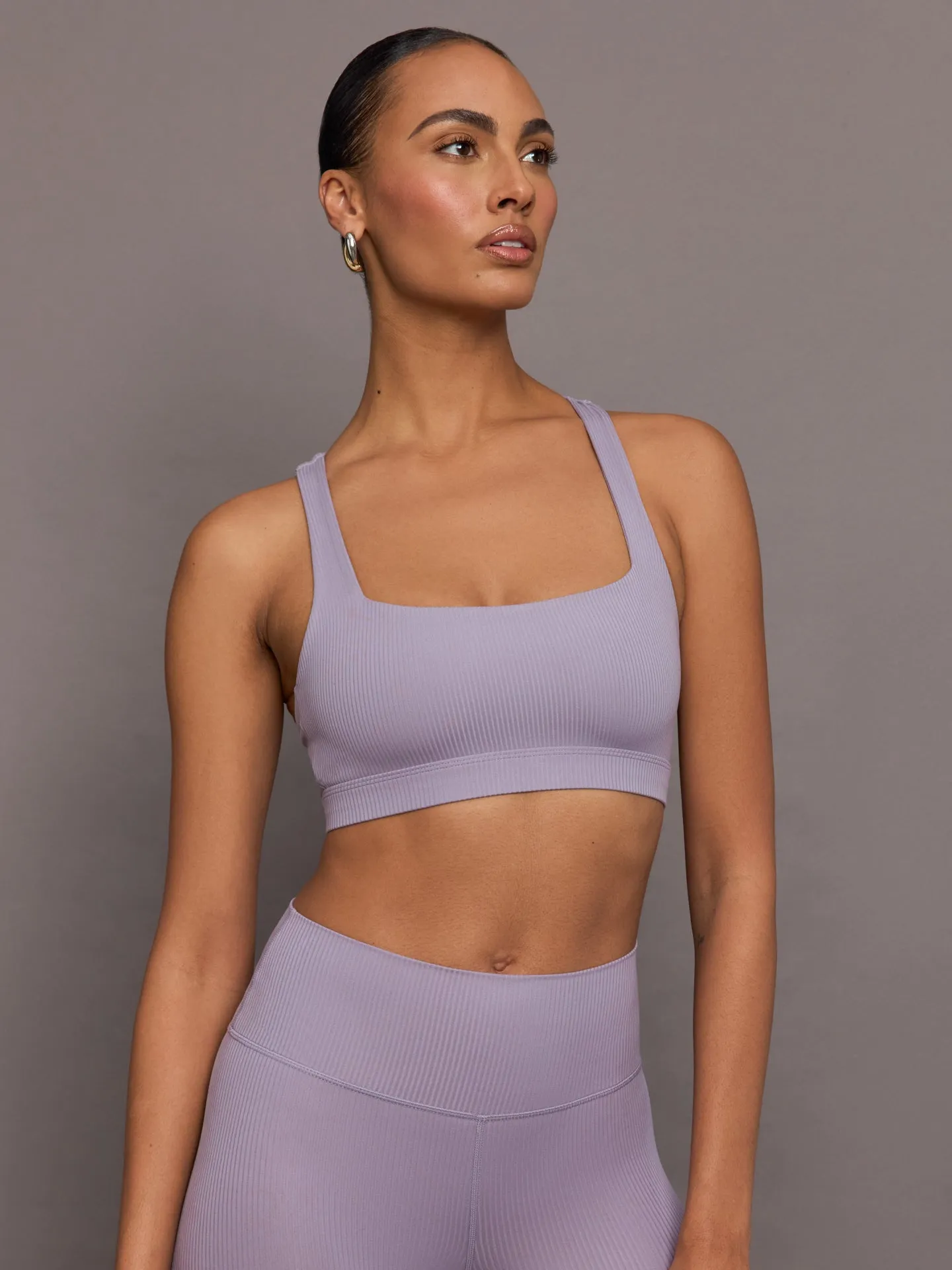 Racerback Bra in Ribbed Melt - Lavender Grey sold by Carbon38