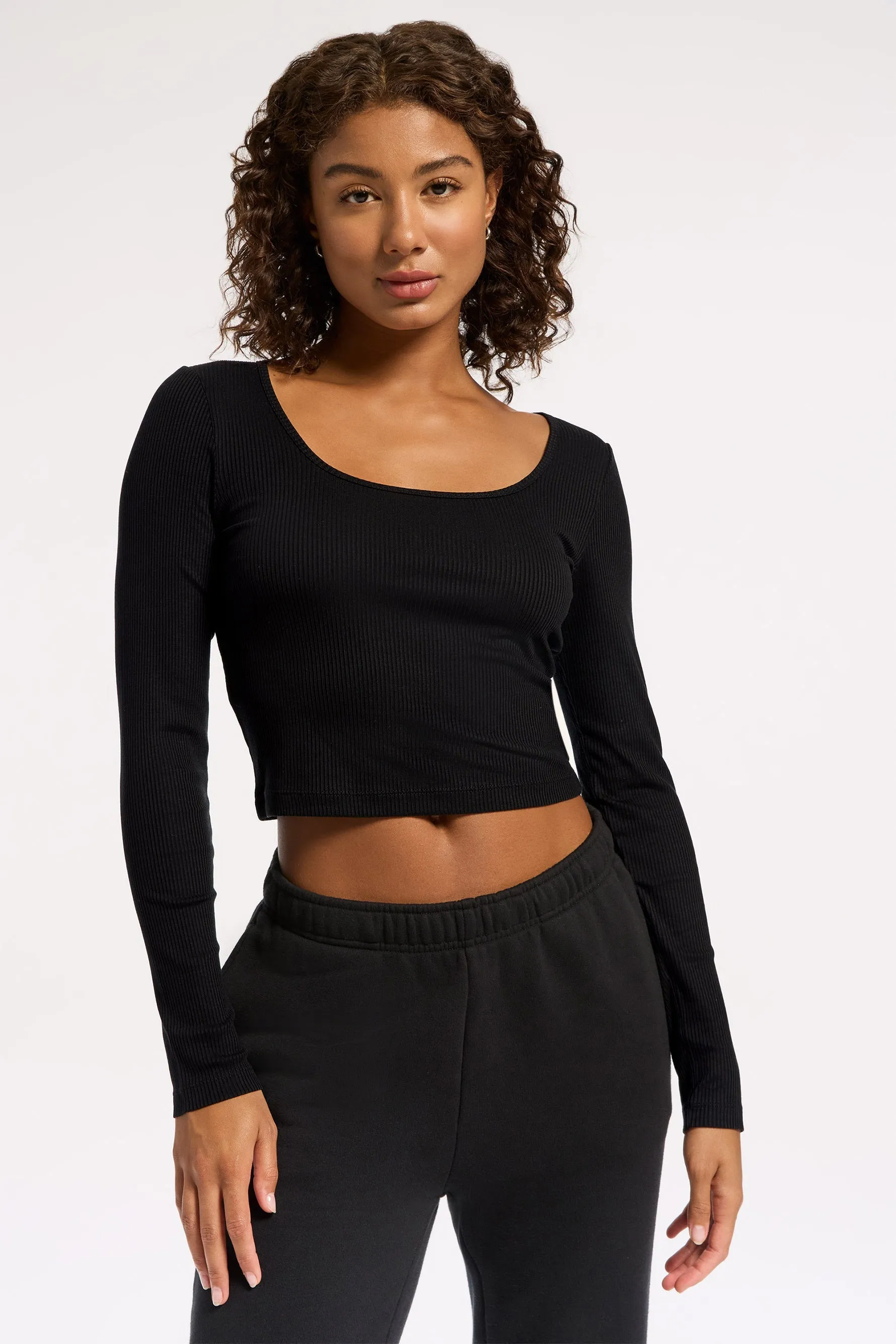 Rivington Ribbed Long Sleeve Scoop Neck Crop Top - Black sold by Carbon38