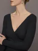 Long Sleeve Wrap Top in Ribbed Jersey - Black sold by Carbon38