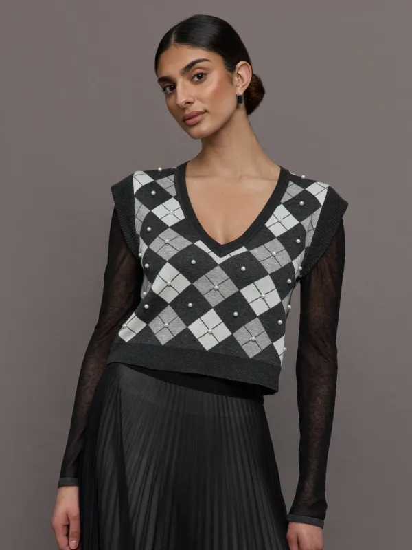 Nomia Plaid Pearly V-Neck Sweater - Grey/Silver sold by Carbon38
