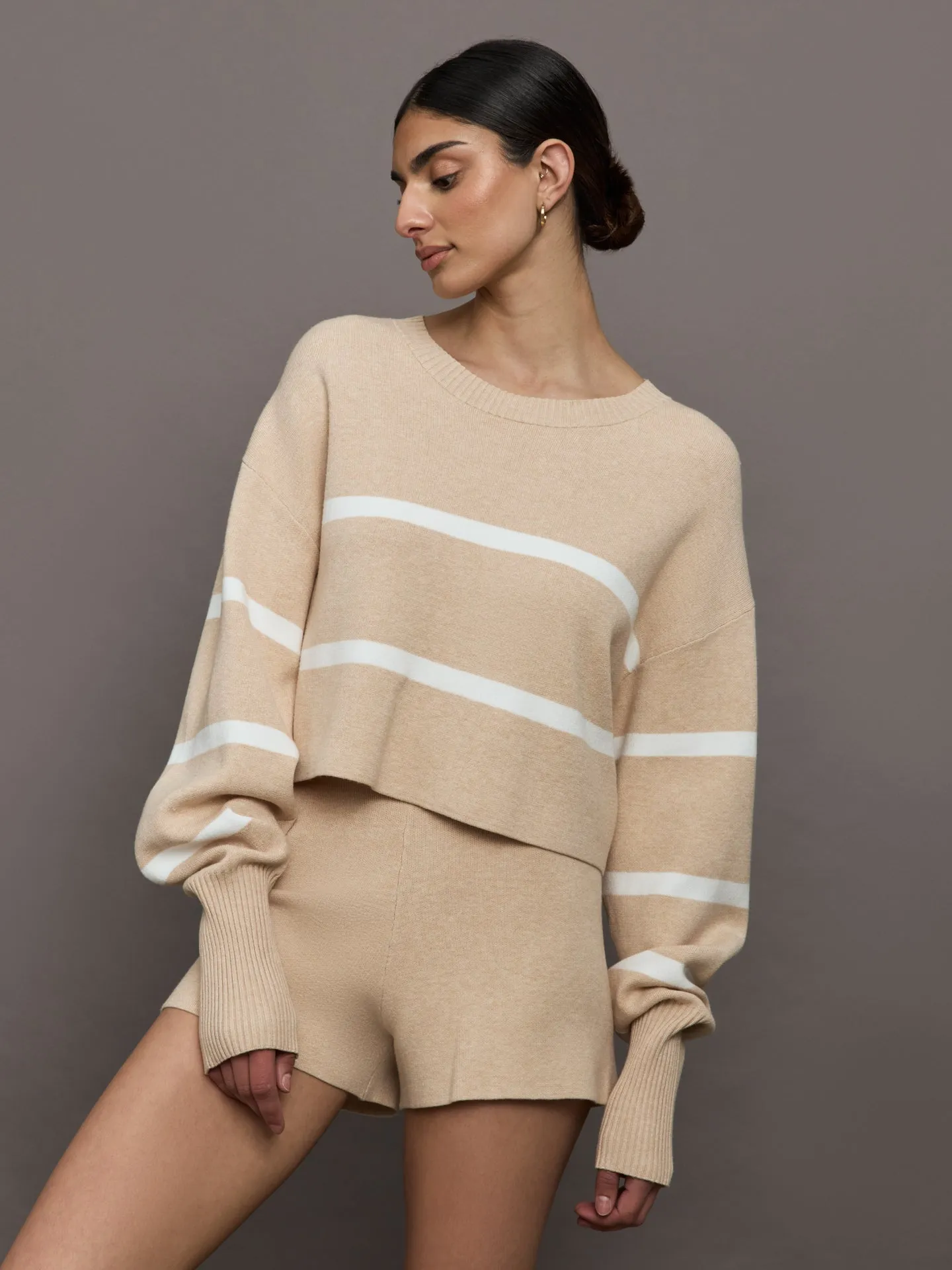 Olly Cropped Striped Sweater - Beige Melange sold by Carbon38