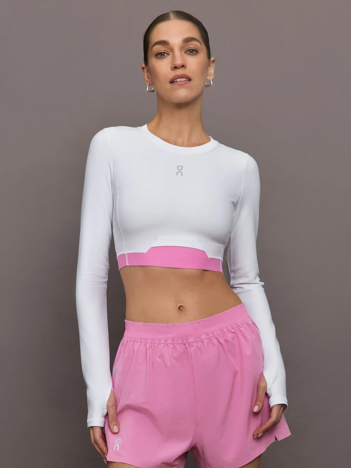 Train Long-Sleeve Crop - White | Raspberry sold by Carbon38