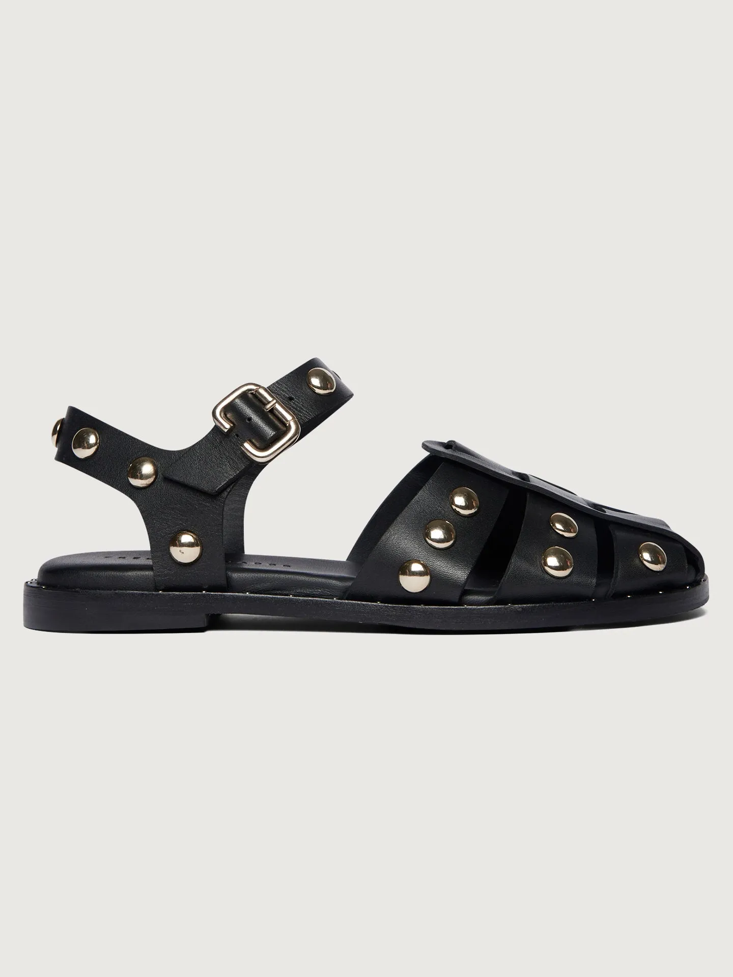 Sera Fisherman Sandal - Black Calf with Gold Studs sold by Carbon38