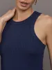 High Neck Fitted Tank in Ribbed Jersey - Navy sold by Carbon38